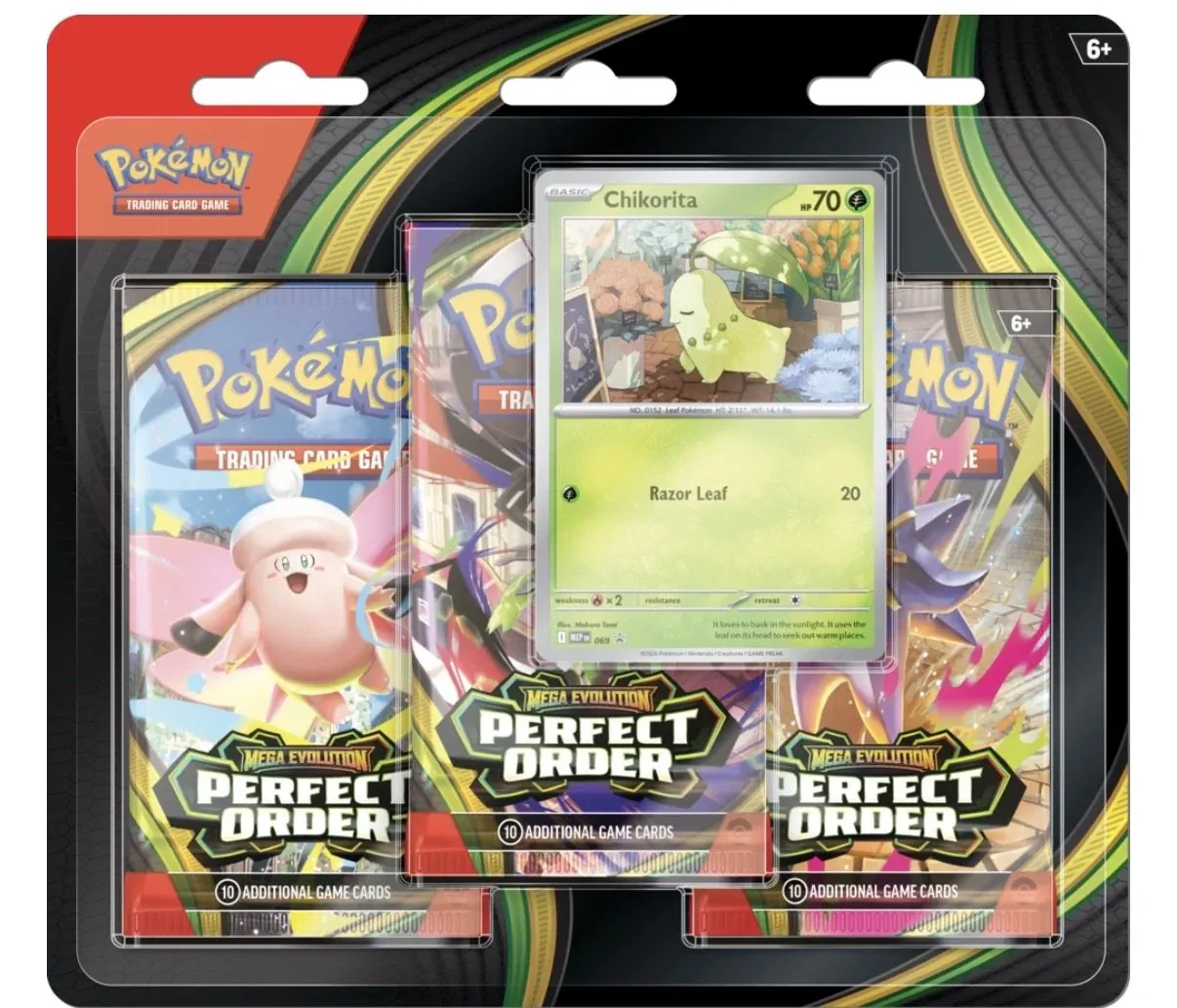 Pokémon TCG Perfect Order 3-Pack Blister – Chikorita promo version