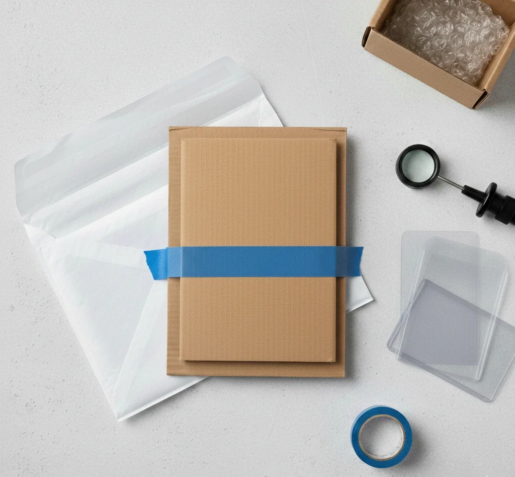A top-down view of a professional Pokémon card packaging setup with two pieces of cardboard secured by blue painter's tape.