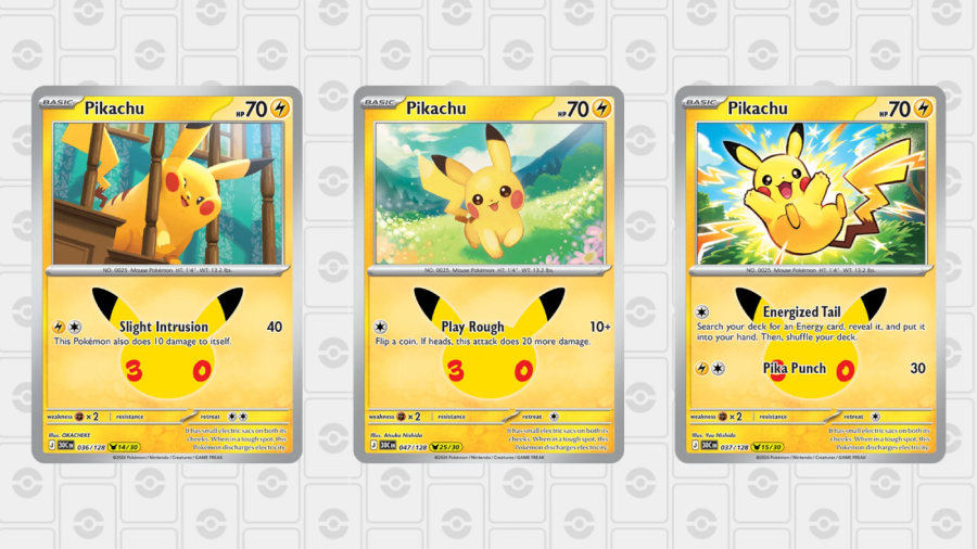 Three of the 30 different Pikachu cards confirmed for the 30th Celebration set